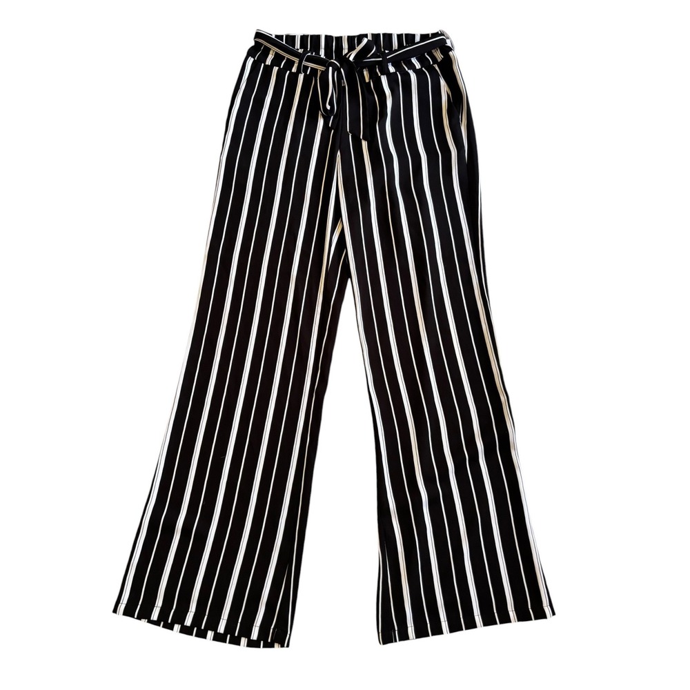 Charlie B Womens Black White Striped Wide Leg Pants Tie Waist Petite Small P/S